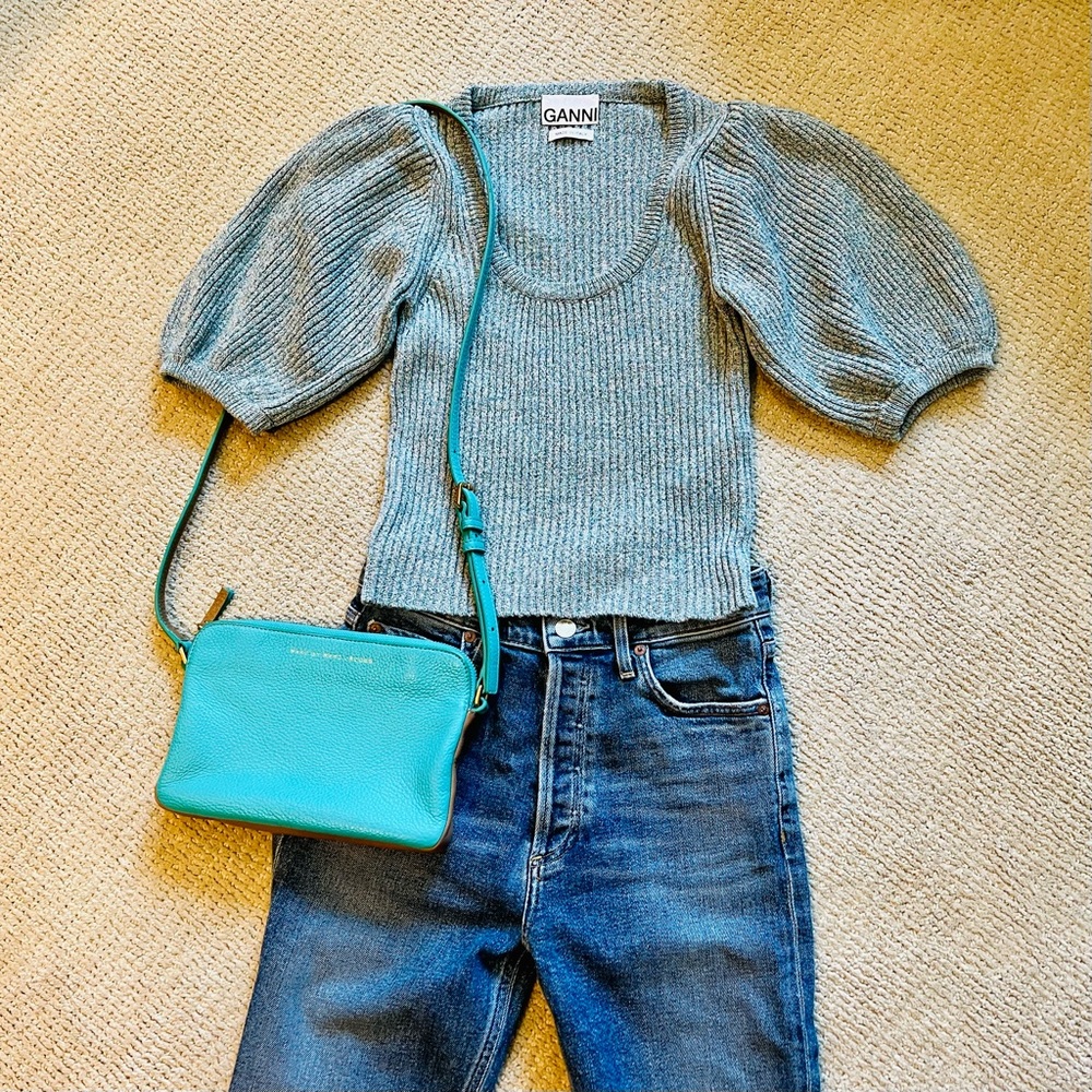 GANNI short puff sleeve, cropped sweater in a blue green knit. Size XS.
